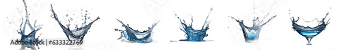 Colección de salpicaduras de agua sin fondo. Conjunto de agua azul y gotas aisladas con fondo transparente. Creada con herramientas generativas de IA. photo