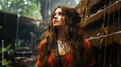 A young woman standing outdoors in the rain, with a confident stance, her left hand resting on her hip (ID: 633322786)