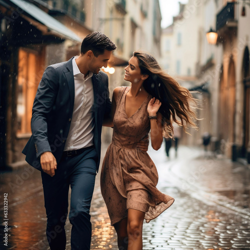 Classy couple happily walking through evening of european downtown (ID: 633322942)
