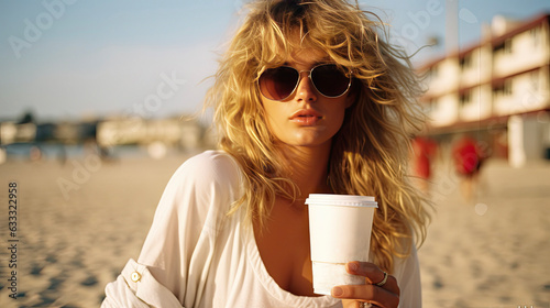 1980s photo a blonde woman with aviator sunglasses holding a take away cup on a sunny beach (ID: 633322958)