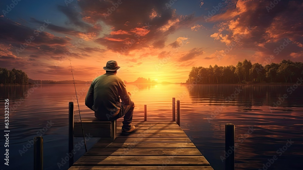Fototapeta premium Fisherman patiently waiting on a dock, silhouetted against a picturesque sunset. The warm hues of the setting sun cast a golden glow on the water's surface. Generated by AI.