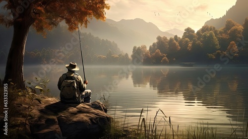 Fisherman patiently waiting on the shore of a serene lake, the gentle lapping of the water against the shore creating a soothing backdrop. Generated by AI.