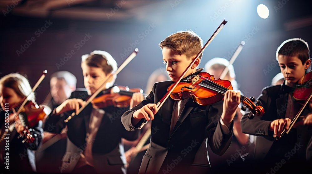 Fototapeta premium School orchestra as they grace the stage, their instruments coming together to create a breathtaking performance at a music recital. Generated by AI.