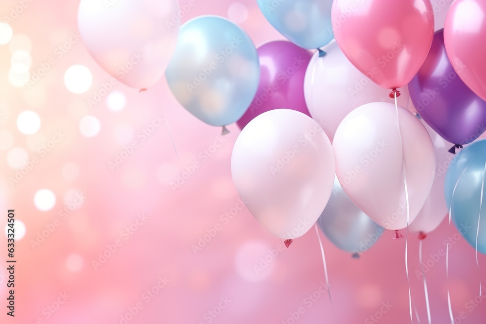 close up of colorful pink cyan tone balloons flying in the air, levitation,pink pastel background for design with copy space