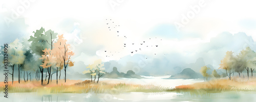 Green park, forest landscape watercolor banner 