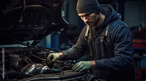 Technician expertly fine-tunes the car's timing belt, ensuring precise coordination of the engine's movements, contributing to reliable and well-timed power delivery. Generated by AI.