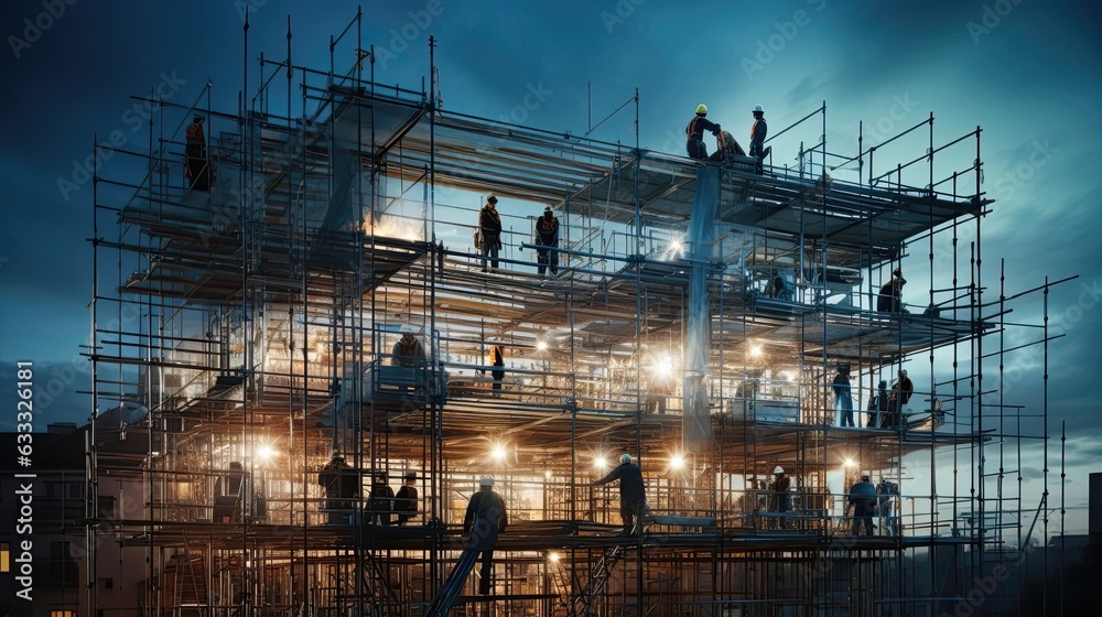 Workers using scaffolding to access and repair the exterior of a construction, their strategic placement and methodical approach allowing them to carry out maintenance tasks. Generated by AI.