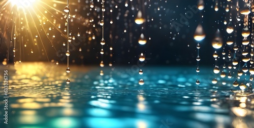 Sunlit Pool Water with Dripping Waterdrops. Abstract Background Banner.