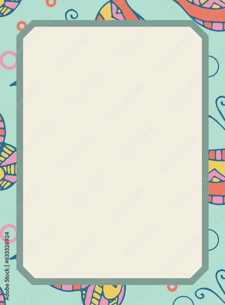 Digital png illustration of card with colourful butterflies and copy space on transparent background