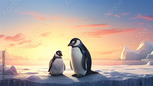 Polar penguin family with sunshine. Generative AI