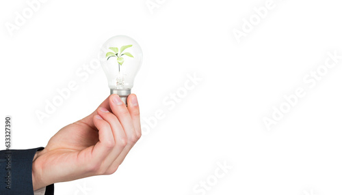 Digital png illustration of hand holding light bulb with plant on transparent background