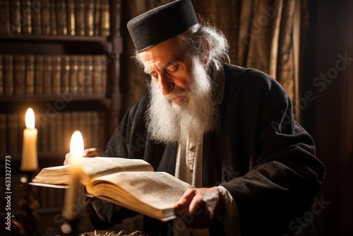 Happy Yom Kippur concept. Rabbi reading prayer book at candlesticks