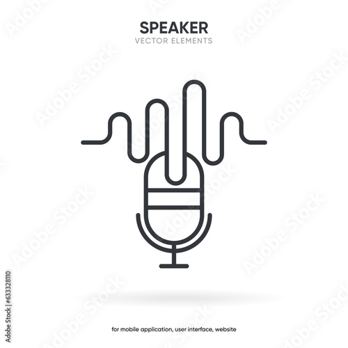 Speaker and sound icon. Computer voice icon. Megaphone and music icon. Sound pictogram. Musical note. Audio sign. UI UX element. Sound button. Audio system, noise with soft UI, push button.
