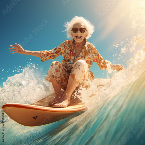 old woman on surfboard sunny day generated AI