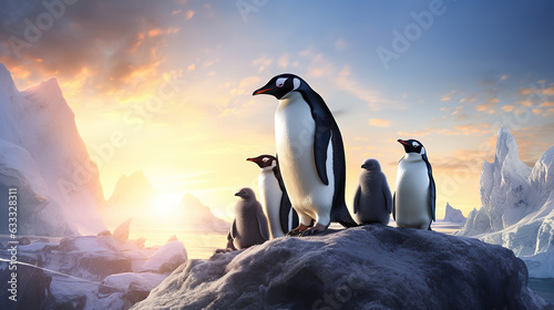 Polar penguin family with sunshine. Generative AI