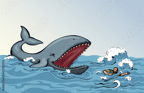 Man swims through the waves of the storm. Vector drawing