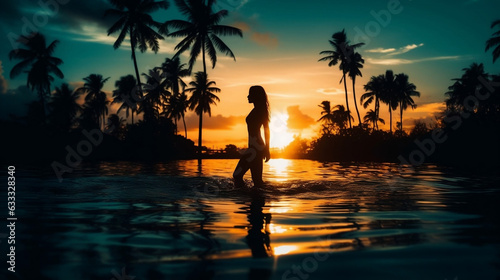 Seaside Reverie: Young Woman's Silhouette on a Sunset Beach. Ai generative