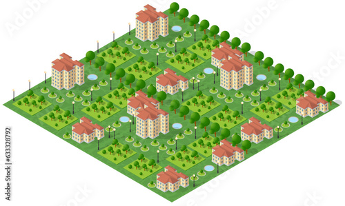 Flat isometric map, landscape city, building skyscraper, parks, cafe, landmarks. Vector 3d top