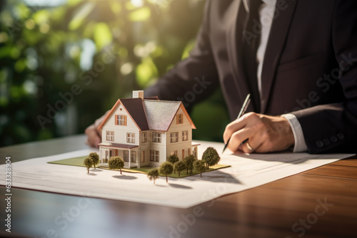 Real estate agent signing a contract in office in front of miniature house