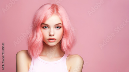pretty teenage girl or young woman with pink hair