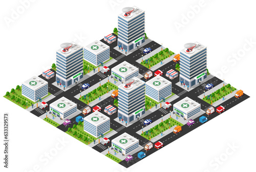 Flat isometric map, landscape city, building skyscraper, parks, cafe, landmarks. Vector 3d top