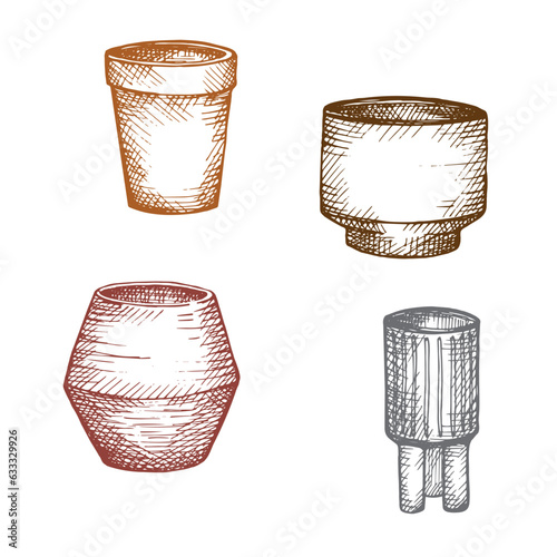Ceramic flower pots drawing with engraving, doodle. Hand drawn set with vases on isolated white background, sketch style. Design element for flower shop, pottery, home decor, made crafts clay. Vector