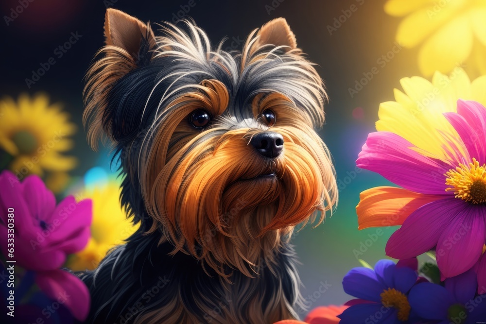 colorful flower, official art, Miniature Schnauzer of dog. ai generative