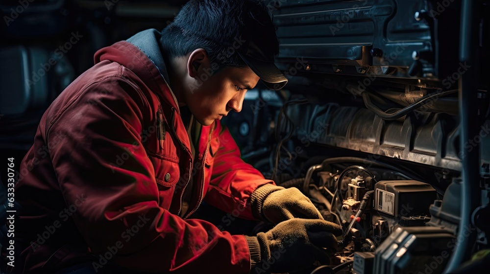 Technician meticulously checks and replaces the car's thermostat, ensuring optimal engine temperature regulation. Generated by AI.