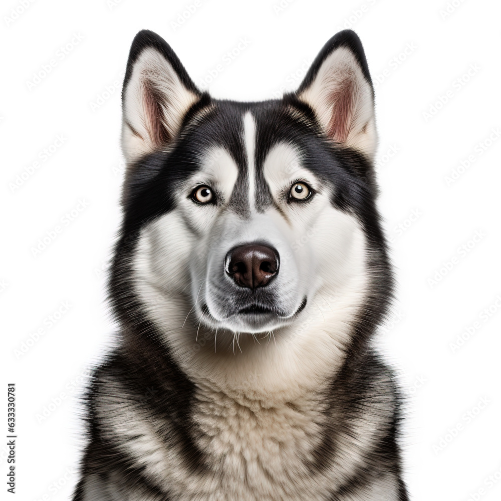 Portrait Siberian Husky breed Dog. Fluffy, cute dog on a white background. Isolated photo of a dog.