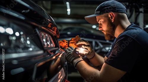 Technician meticulously works on adjusting and aligning the car's headlights, optimizing their position to provide optimal illumination and safe driving conditions. Generated by AI. © Татьяна Лобачова