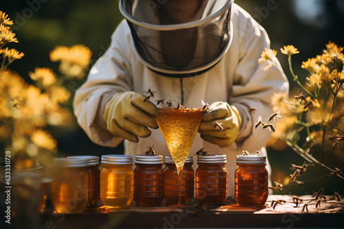 confident beekeeper dressed in protective gear, holding a honey jar while standing amidst a flourishing apiary 