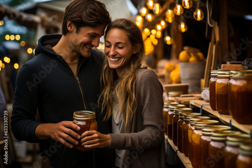 shot capturing a couple s joy as they explore a farmer s market  coming across a stall with various honey jars displayed 