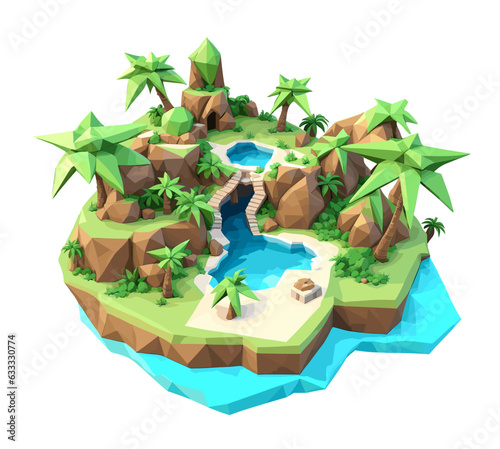 3D isometric low poly portrayal of a tropical island with a river with simplistic, low-polygon trees.