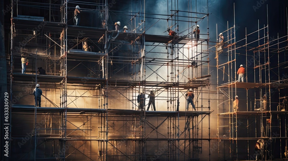 Workers meticulously construct a network of scaffolding around a building, their precise placement and careful design enabling access to every corner. Generated by AI.
