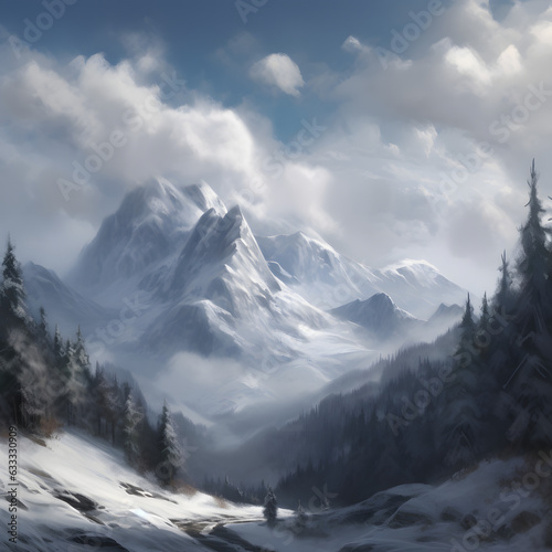 Mountains snow trees clouds Hyper-realistic generative AI