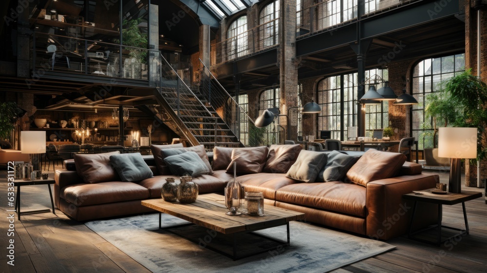 A large living room with a Industrial interior. Generative AI A large living room with a Industrial interior. Generative AI