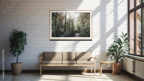 A framed poster layout on the wall in a hospital waiting room with modern Scandinavian - style furniture and a large window. Generative AI