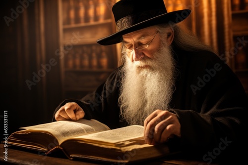 Happy Yom Kippur concept. Rabbi reading prayer book photo