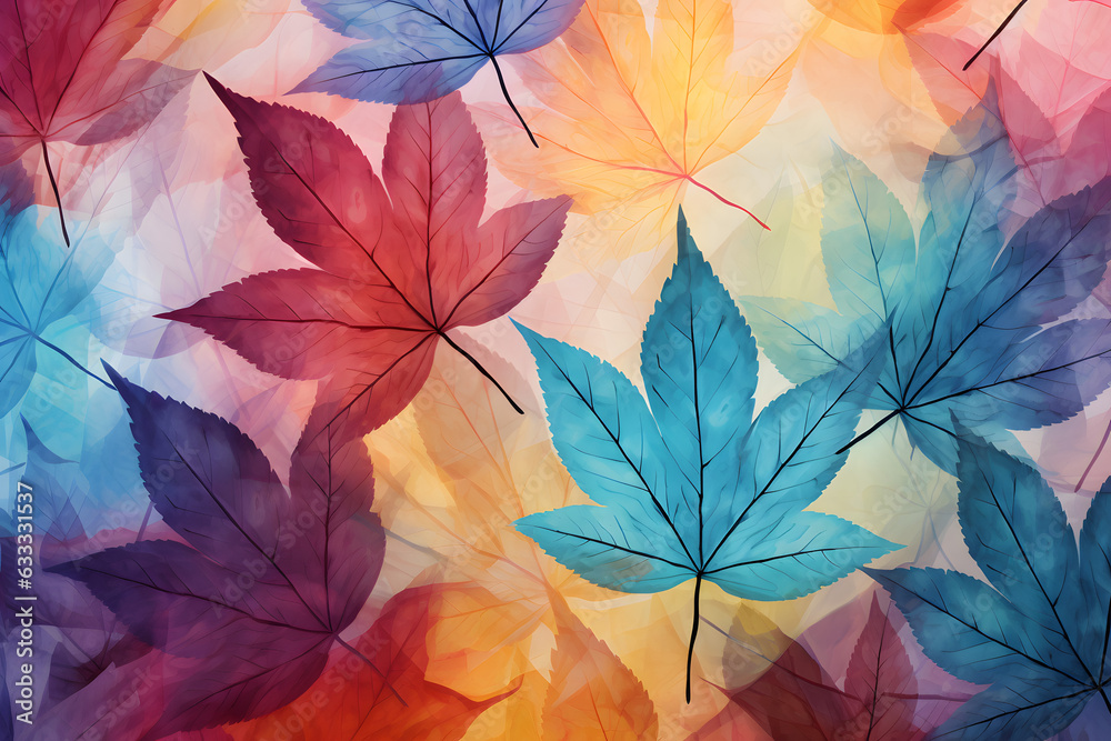 Autumn variety of leafs, scanner x-ray, on modern pastel background
