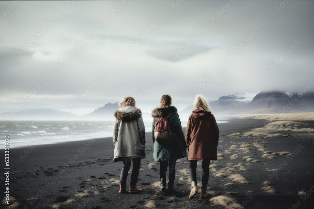 Φωτογραφία Nordic Friendship: Middle-Aged Trio Explores Misty Black Volcanic Beach - Coats, Jeans, and Serene Winter Getaway by the Foggy Hills