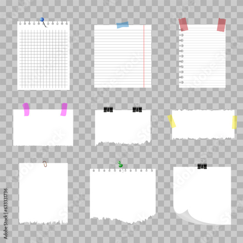 Notes and torn pages on transparent background. Vector note papers.