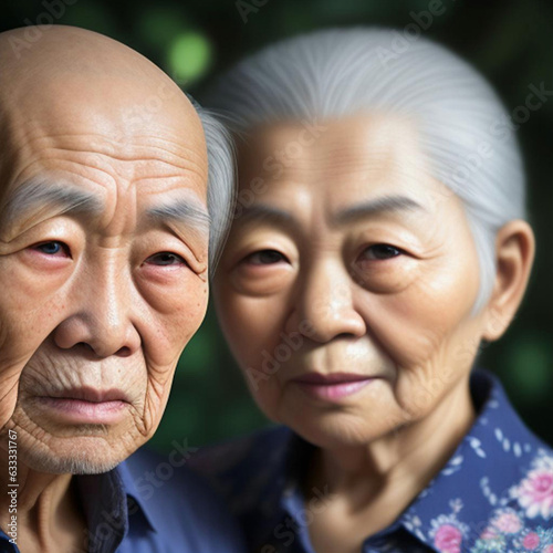 Close up portrait of an attractive Asian elderly man and women.  Generative AI photo