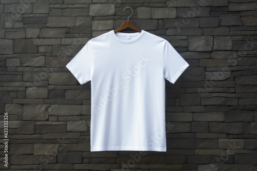 A stylish white T-shirt is set against a Black stone wall texture. Generative AI