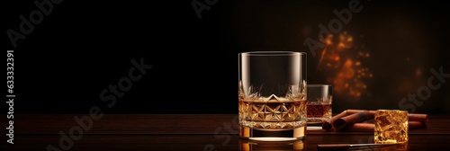 A whiskey glass, cigar and bottle; luxurious men's club banner background with copy space Geneartive AI photo