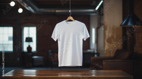 A white T-shirt hangs on a trempel in a room with a loft interior. Generative AI