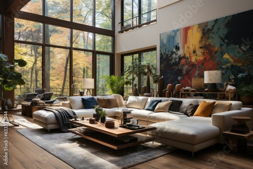 Beautiful and large living room interior with hardwood floors, fluffy rug and designer furniture. Generative AI © Sandris_ua