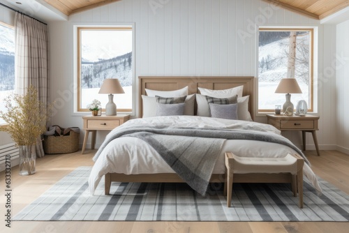 bedroom interior with a large comfortable bed, Front view. Modern Farmhouse interior style. Generative AI