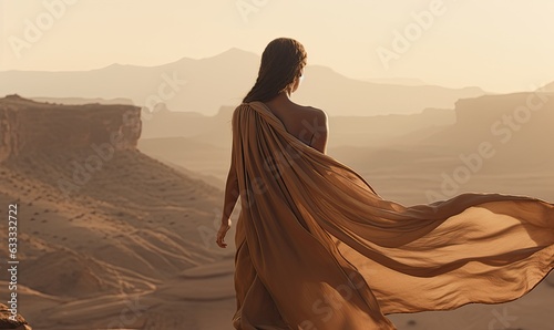 Print op canvas A woman standing on a cliff in a brown dress