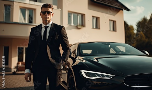 A stylish man standing confidently next to a sleek luxury car © uhdenis