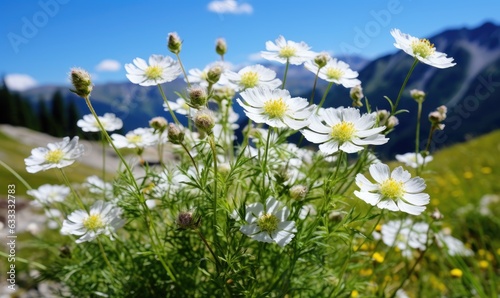 A beautiful field of white flowers with majestic mountains as the backdrop